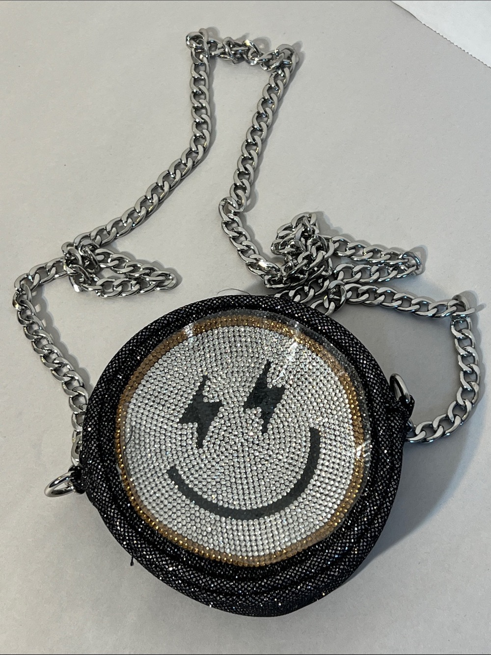 Skinnydip Black Rhinestone Smile Face Crossbody Bag with Silver Chain Strap
